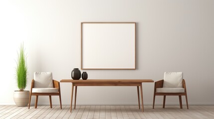 empty room a single table and two chairs, empty wooden picture frame on wall, minimalist interior design