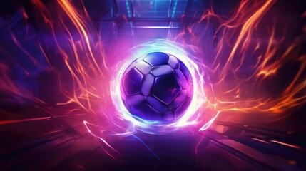 Dynamic soccer ball with neon trails, energy and speed captured in neon hues, fusion of tradition and modern aesthetics