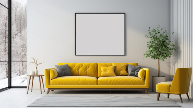 a minimalistic living room adorned with a vibrant yellow couch, empty picture frame on the wall, aesthetics of minimalism, interior design