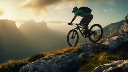 Photo sur Aluminium Chemin de fer mountain biker in action, navigating a trail along a high cliff, backdrop for extreme adventures