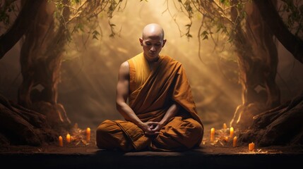 monk in meditation, timeless representation of inner peace - obrazy, fototapety, plakaty