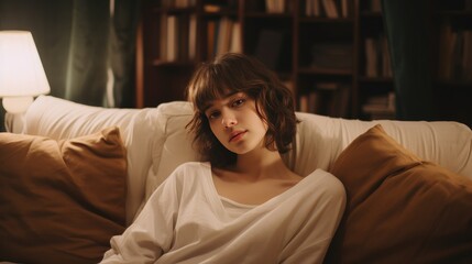 Fototapeta premium Short-haired and cute young woman sitting on couch, Aesthetic blend of charm, sweetness, and lo-fi vibes