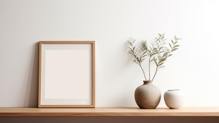 empty wooden picture frame on table with plant in a ceramic pot beside it
