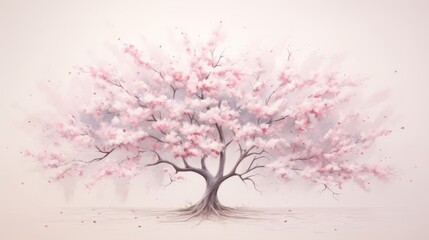 cherry blossom tree watercolor illustration, pink and white blossoms in full bloom, beauty and tranquility of spring