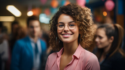 Obraz premium Smiling and confident female business executive dressed in pink - team leader - close-up shot - low angle shot