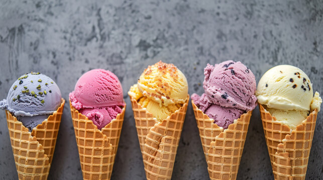 various of ice cream flavor in cones blueberry . Ai Generative