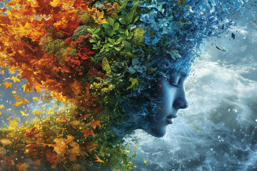 An illustration of a person entwined with elements of the four seasons, symbolizing change and the cycle of life.