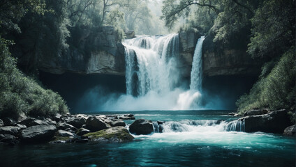 An unknown surreal waterfall landscape, generative ai - obrazy, fototapety, plakaty