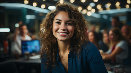 Obraz premium Smiling and confident female business executive - team leader - close-up shot - low angle shot