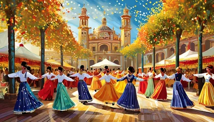 Foto op Canvas Illustrations of Festival celebration in Seville, flamenco dancers, colorful tents, and lively processions © Mohammad