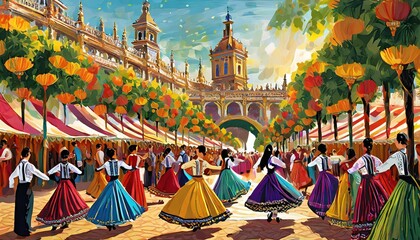 Illustrations of Festival celebration in Seville, flamenco dancers, colorful tents, and lively processions - obrazy, fototapety, plakaty