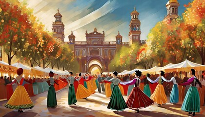 Naklejka premium Illustrations of Festival celebration in Seville, flamenco dancers, colorful tents, and lively processions