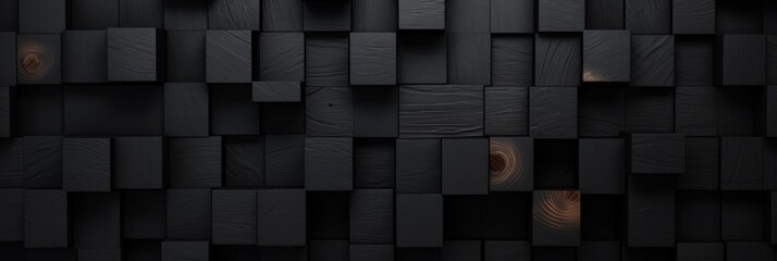 the wall is made of black wooden cubes, natural background. woodworking products. banner, texture for your design.