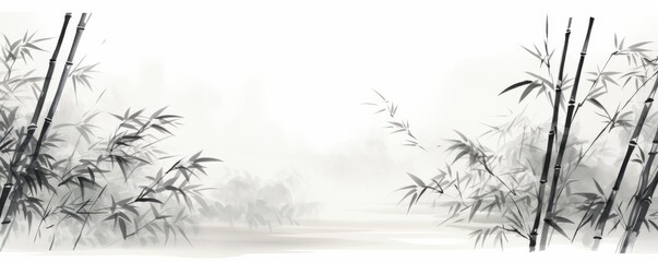 bamboo and branches in black and white, in the style of ink-wash landscape