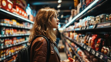 woman comparing products in a grocery store, supermarket, store, retail, food, shopping, groceries, consumerism, choice, customer, market, purchase, buy, sale, consumer, choosing