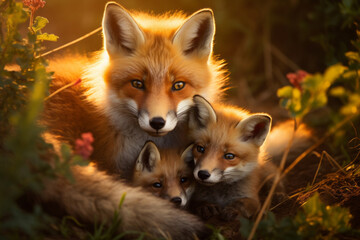 adorable red mother fox with her young ones, cozy cuddles together on a soft flower background. animal family, motherhood in animals.