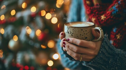 Woman holding in hands a mug of hot chocolate or coffee, winter, woman, tea cup, drink, christmas, home, season, cozy, person, young, warm, holiday, coffee, autumn, relaxation.