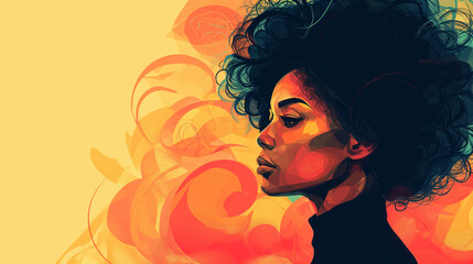 Vibrant illustration of a black woman with abstract roses symbolizing racial equality and awareness for Black History Month. - obrazy, fototapety, plakaty
