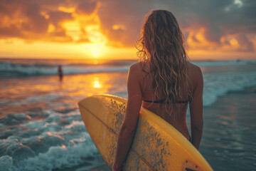 Close-up back view of a beautiful surfer woman holding a surfboard at the beach at sunset - obrazy, fototapety, plakaty