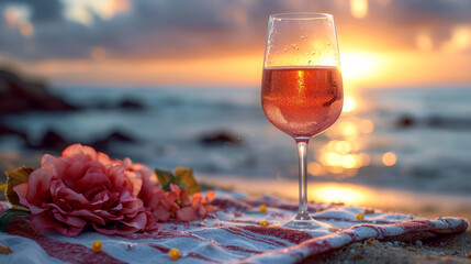 Close-up of rosé wine glass on a beach towel, with a blurred background of a beach scene, copy space - obrazy, fototapety, plakaty