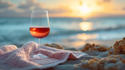 Fotobehang Strand zonsondergang Close-up of rosé wine glass on a beach towel, with a blurred background of a beach scene, copy space