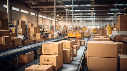Warehouse fulfillment center with multiple cardboard box package. Conveyor belt in distribution warehouse for logistic and delivery concept. Generative AI - obrazy, fototapety, plakaty