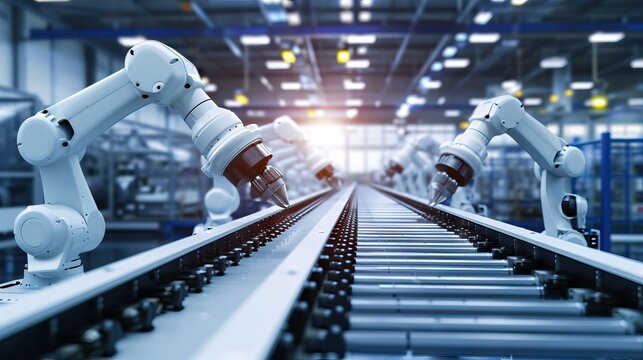 White Robot Arms on Automated EV Battery Components Production Line. Electric Car Battery Pack Manufacturing Process. Conveyor Belt on a Modern Factory.