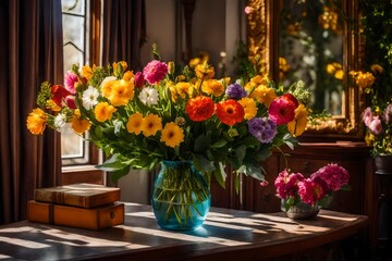 Obraz na płótnie Canvas A radiant spring flower bouquet placed elegantly within a home interior.