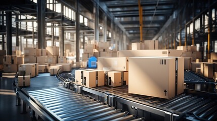Fototapeta premium Warehouse fulfillment center with multiple cardboard box package. Conveyor belt in distribution warehouse for logistic and delivery concept. Generative AI