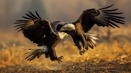 two eagles fighting while flying through a field