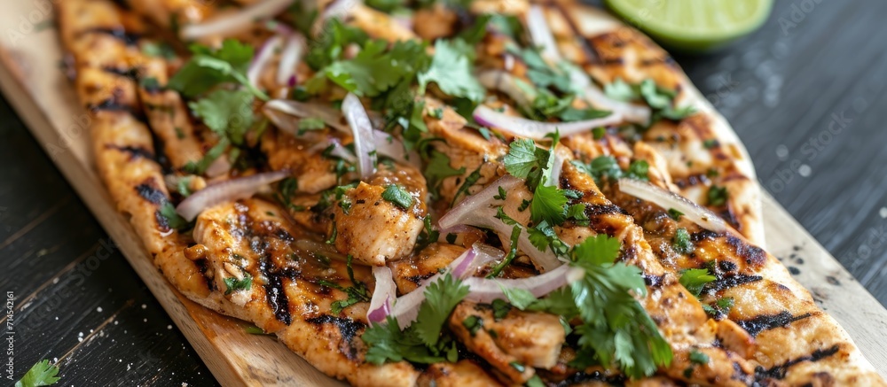 Poster Grilled chicken flatbreads with onions and cilantro.