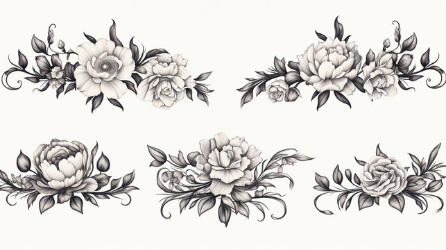 Vintage Baroque Floral Set with Peony and Carnation Flowers - Elegant Black and White Victorian Frame Ornament with Engraved Retro Leaf Scroll Vector Pattern for Decorative Tattoo Design