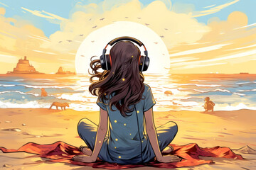 Portrait of a beautiful young woman wearing headphones near the sea17
