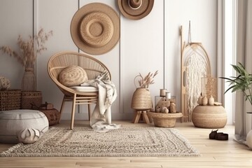 Mockup of a cozy home interior adorned with rattan furniture and boho decor, presented as a 3D render. Generative AI