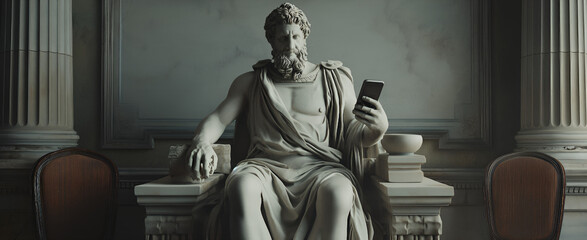 Marble statue of a philosopher engrossed in a smartphone, juxtaposing ancient wisdom with modern tech