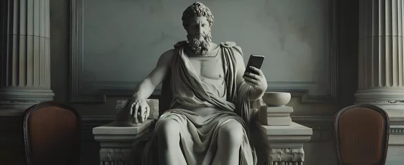 Foto op Plexiglas Marble statue of a philosopher engrossed in a smartphone, juxtaposing ancient wisdom with modern tech © Stock Creator