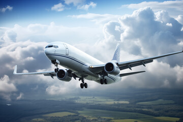 close-up of a cargo airplane in the sky flying low over foresty rural area