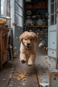 A portrayal of a playful puppy chasing after crumbs on the kitchen floor.