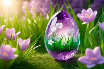 Transparent easter egg made of crystal glass in light lilac in the grass.