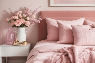 French Interior home design of modern bedroom with pastel pink bed and flowers in a vase on the table