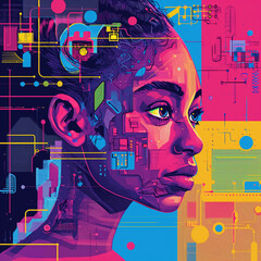 Abstract illustration of a woman with indigenous features amid a vibrant techno-circuitry design.
