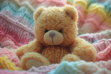 A depiction of a knitted Bear, on a pastel coloored backgrond.