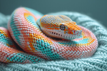 Fototapeta premium A depiction of a knitted Snake, on a pastel coloored backgrond.