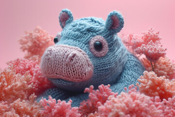 A depiction of a knitted Hippopotamus, on a pastel coloored backgrond.