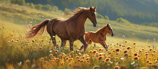 Arabian mare and foal gracefully galloping across meadow.
