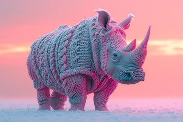 A depiction of a knitted Rhino, on a pastel coloored backgrond.