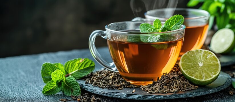 Herbal mint tea served in a glass cup, with dried tea, lime, and herbs on a slate plate at a restaurant or teahouse.