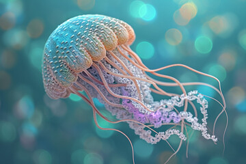 A depiction of a knitted Jellyfish, on a pastel coloored backgrond.
