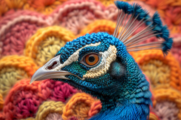 Obraz premium A depiction of a knitted Peacock, on a pastel coloored backgrond.