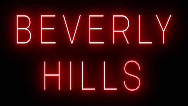 Flickering red retro style neon sign glowing against a black background for BEVERLY HILLS